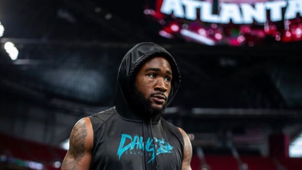 Miles Sanders during pregame warmups vs Atlanta Falcons wearing DAWG Culture hoodie